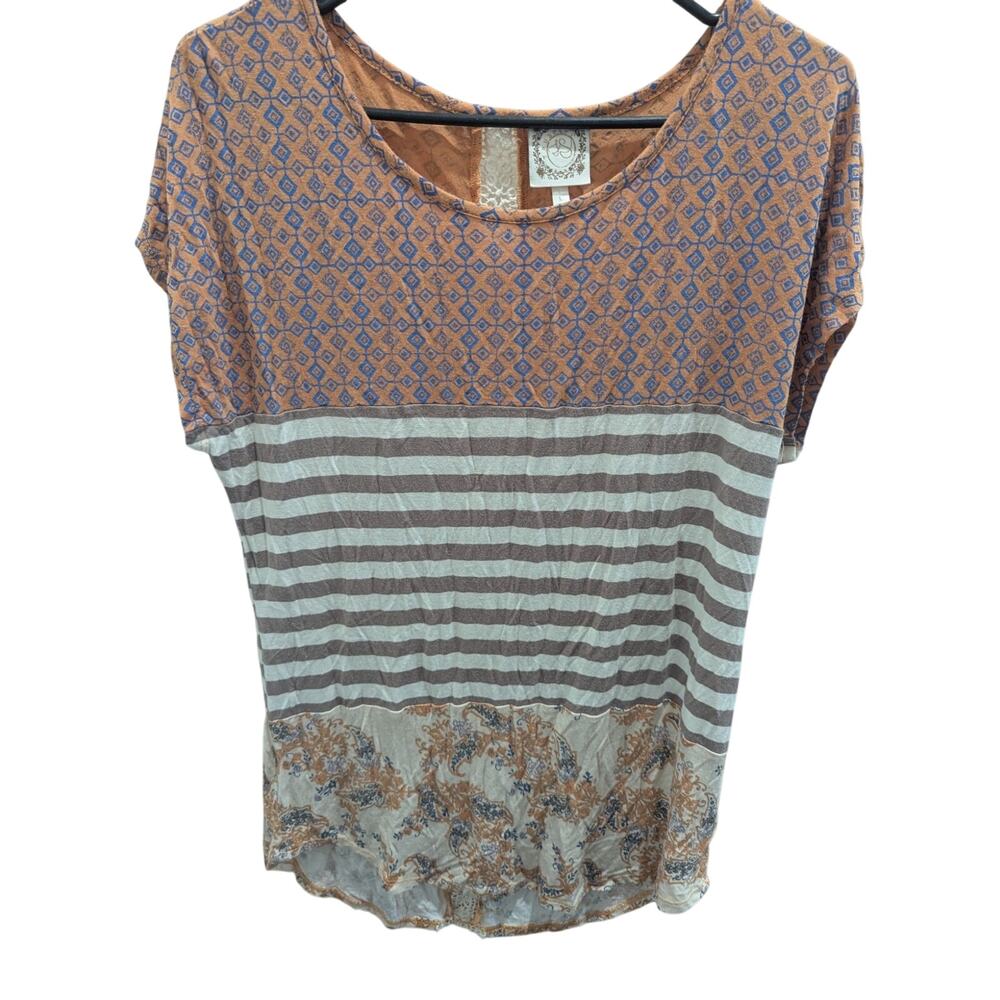 Tru Self Boho Crochet Geometric Blouse Womens Size L Large Mixed Media Tunic Top